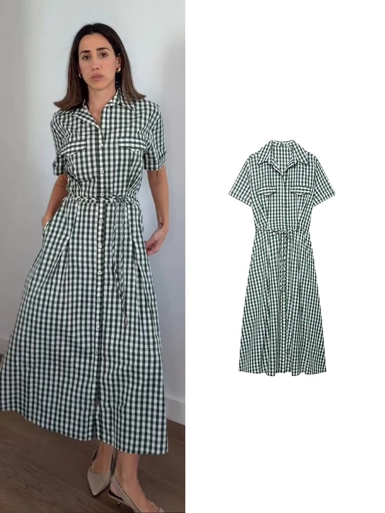 TFMLN 2026 Nuovo Abito Camicia a Quadri da Donna con Cintura, Elegante Casual con Tasche, Maniche Corte, Estivo, Lunghezza Midi, Monopetto