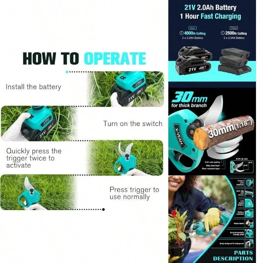 Set di Forbici da Potatura - Forbici da Giardino Senza Fili con Motore Brushless da 21V, 2 Batterie da 2000mAh e Kit