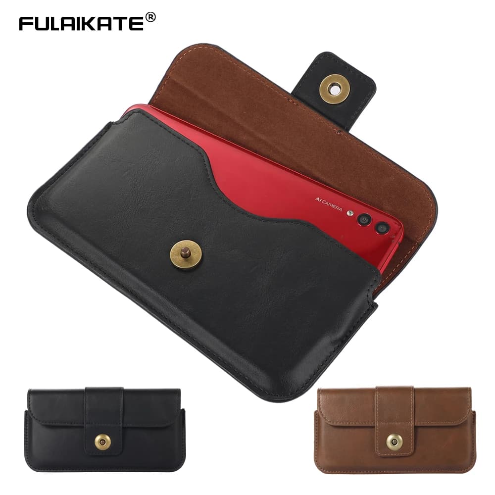 FULAIKATE 6.1“ 6.7“ 7.2" Crazy Horse Universal Phone Bag for iPhone 13 Pro Max Horizontal Men's Waist Pouch Portable Thin Pocket