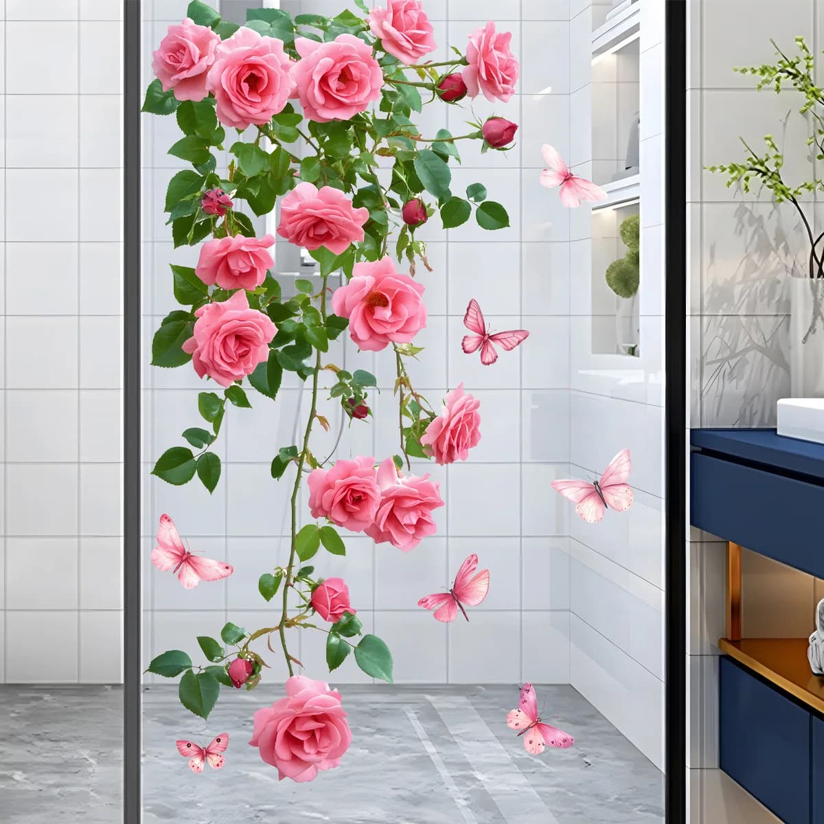 1PC Flower Vine Window Decal Pink Rose and Butterfly Design Bathroom Living Room Bedroom Wall Sticker Glass Door Wall Decorat