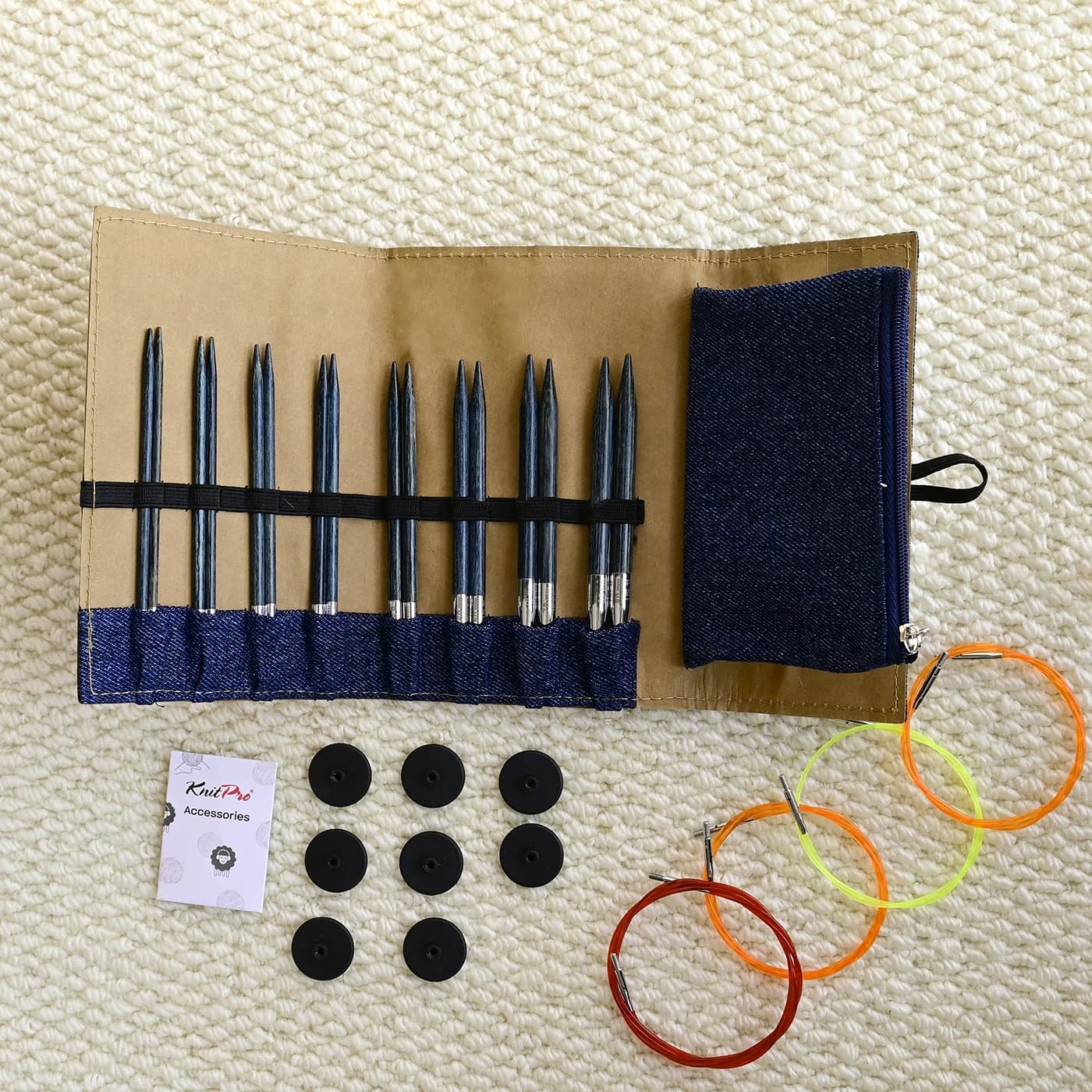 Set di aghi circolari intercambiabili in Denim Knitpro con collettori speciali per cavi per maglieria