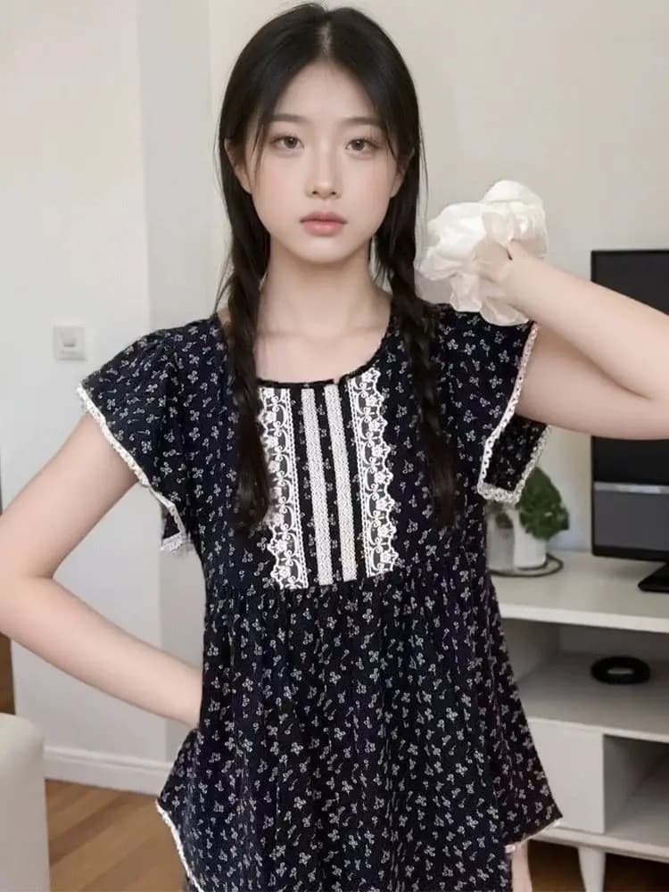 Korean Sweet Comfort Two Piece Sets Black Floral Lace Trim Short Sleeve Pajama Set | Square Neck Peplum Top & Shorts Loungewear