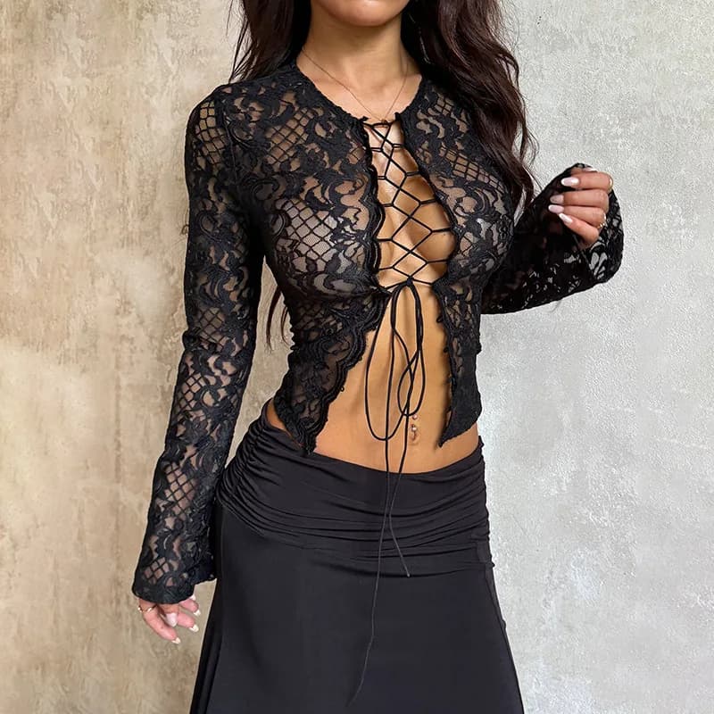 Prospettiva sexy pizzo fasciatura incrociata scava fuori maglietta da donna maniche lunghe camicia che tocca il fondo maglietta da donna top Camisetas Mujer