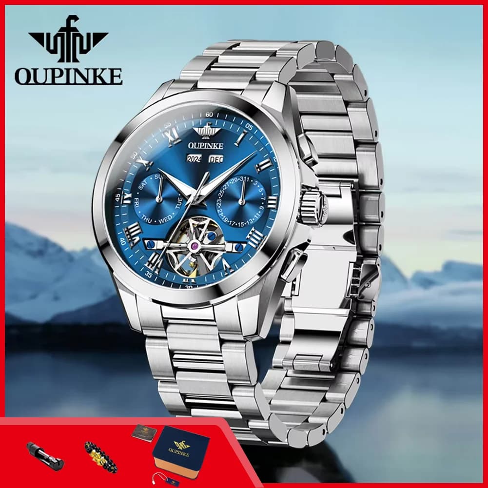 OUPINKE 3281 Orologio Scheletrato da Uomo di Lusso, Orologio Meccanico Completamente Automatico per Uomo, Multifunzione con Calendario, Impermeabile