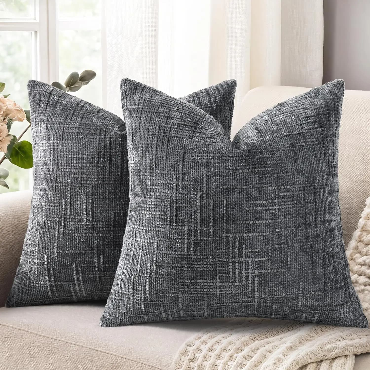 Fodere per Cuscini Decorativi Grigio Crema in Morbido Ciniglia Tweed Testurizzato, Copricuscini Moderni per Divano Letto Soggiorno