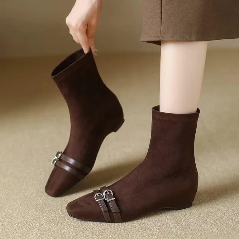 Double Buckle Booties Fashion Square Toe Sleeve Inside Heightening Block Heel Shoes