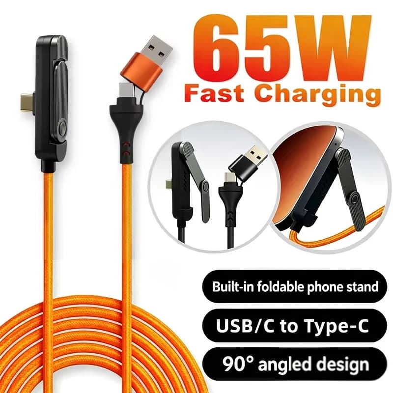 65W High-speed Charging Data Line Right Angle PD USB Type C To Type-C Cable with Built-in Phone Stand for IPhone Xiaomi