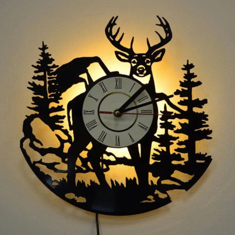 Orologio da parete con disco in vinile con cervo della foresta, luce notturna a LED, telecomando, arte creativa, decorazione domestica, orologio da parete regalo per bambini