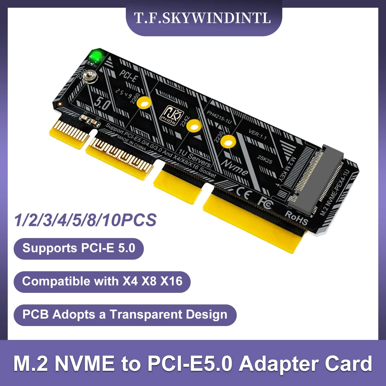 M.2 NVME to PCI-E5.0 Adapter Card PCI-E 5.0 4X to M.2 NGFF M-Key Expansion Card For 2230-2280 M2 NVME SSD Support 1U Server