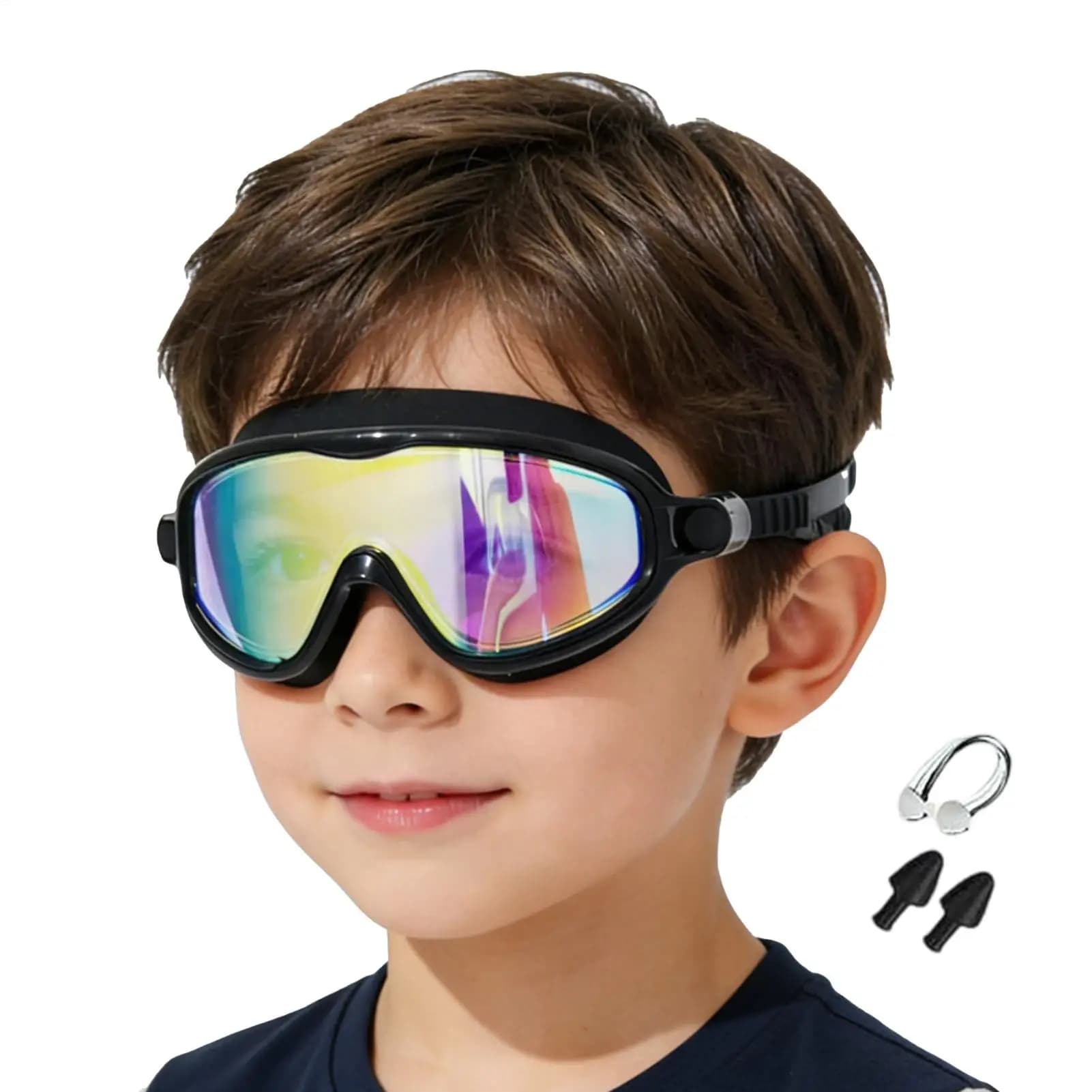 Occhialini da Nuoto per Bambini con Montatura Larga, Visione HD Ampia, Tappi per Orecchie e Clip Nasale, Anti-Appannamento, Senza Perdite d'Aria, per Ragazzi e Ragazze