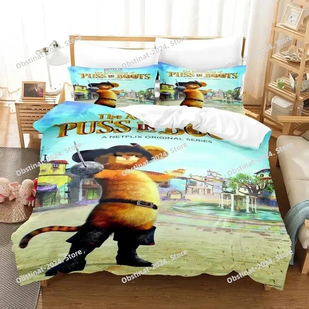 3D Cartoon Cat PUSS BOOTS Set biancheria da letto Stampato singolo Piumino Trapunta Copripiumino Federa 3 pezzi Bambini Taglia adulto