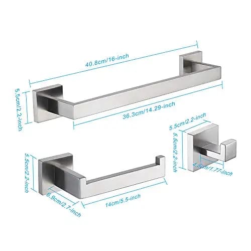 3-Piece Wall-Mounted Bathroom Accessories Set: 16-Inch Towel Bar, Toilet Paper Holder, Robe Hook — Brushed Stainless Steel