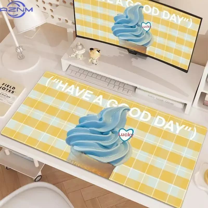 Kawaii Checkered Ice Cream Mouse Pad Waterproof Non‑Slip Aesthetic Desk Mat Gaming Keyboard Desktop Decoration