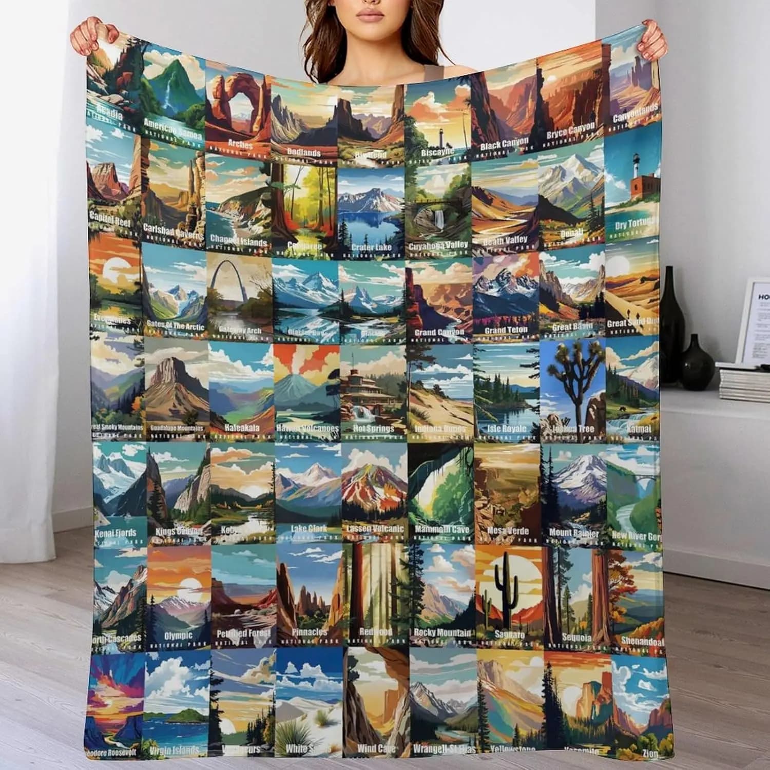Full Grid Patch National Park Retro Travel Art Fluffy Throw Blanket, Warm Soft Blanket Couch Bed,Travel Lover Home Decor Present