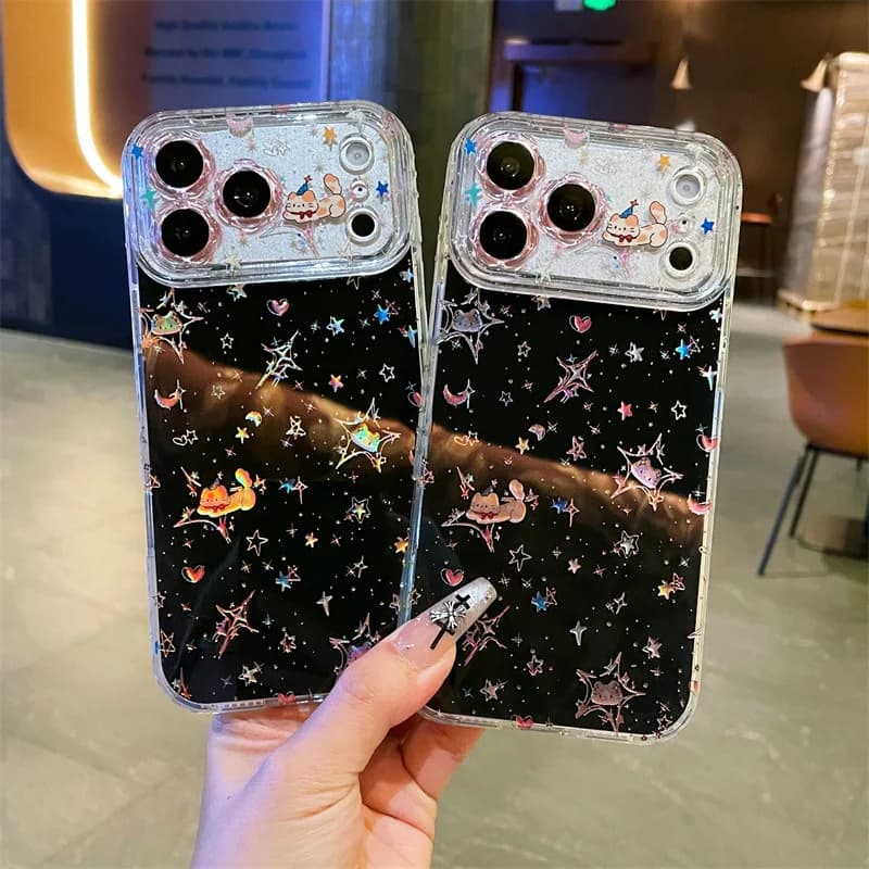 Luxury Diamond Frame Stars Cartoon Kitten Pattern Phone Case for iPhone 17 16 15 13 14 Pro Max Clear Shockproof Protective Cover