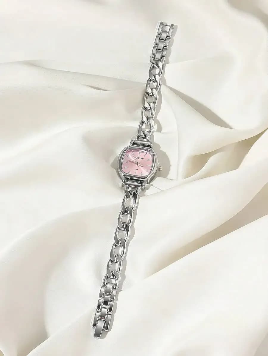 Orologio da donna con bracciale quadrato in acciaio inossidabile, quadrante rosa, elegante, da indossare ogni giorno