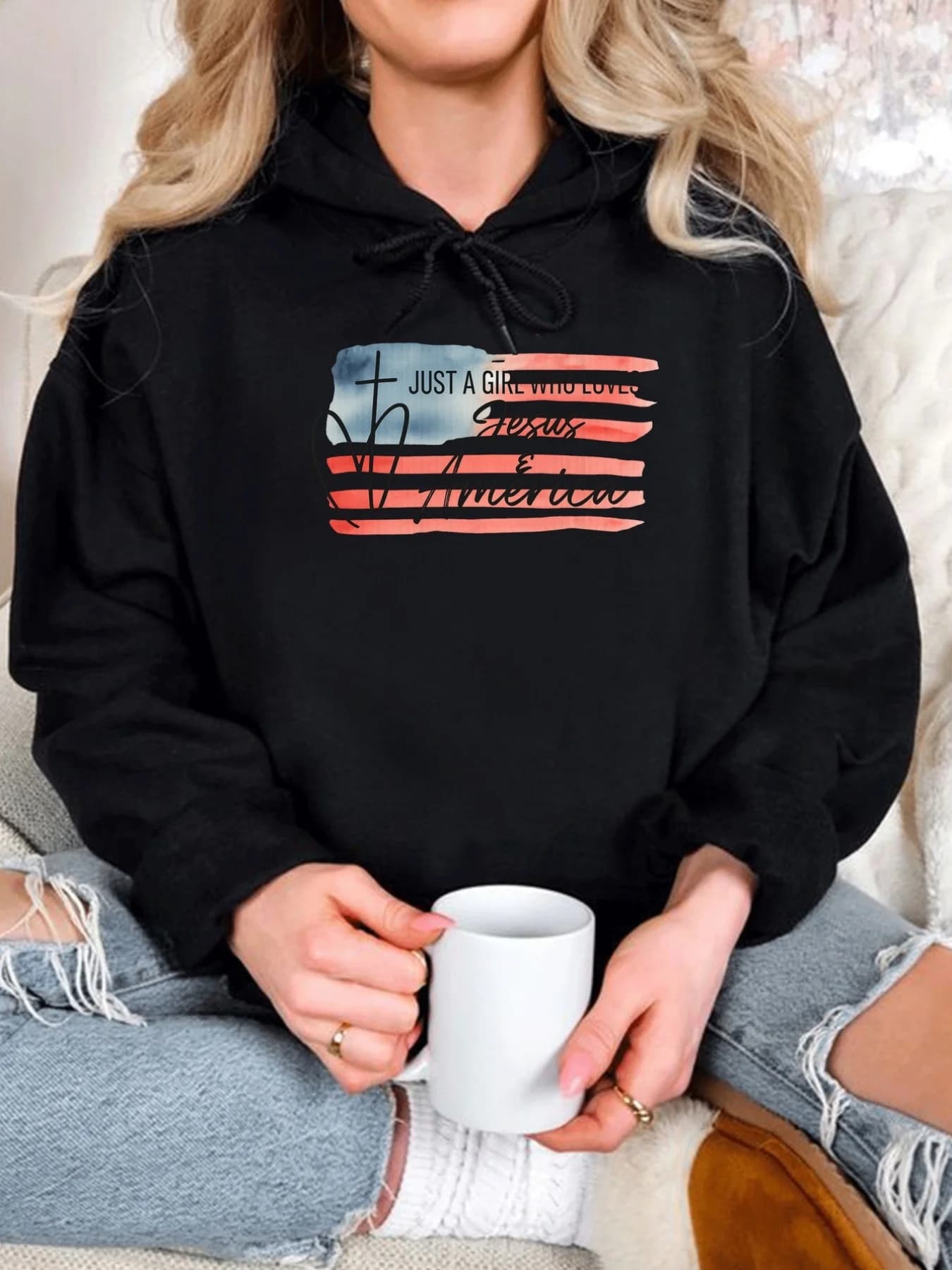 Banner, felpa con cappuccio casual alla moda da donna con stampa bandiera americana, felpa con cappuccio tinta unita, felpa con cappuccio ampia