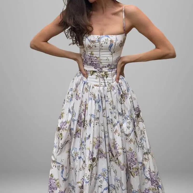 Elegant Spring New Women's Dress Printed Maxi Off-Shoulder Gown High Waist Polyester Casual Comfortable Fashion Commute Style