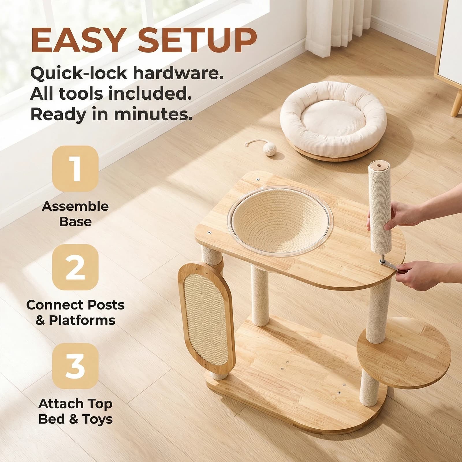 Solid Rubber Wood Cat Climbing Frame with Scratching Posts Cat Jumping Platform Washable Easy Clean for Large & Multi-Cat Homes