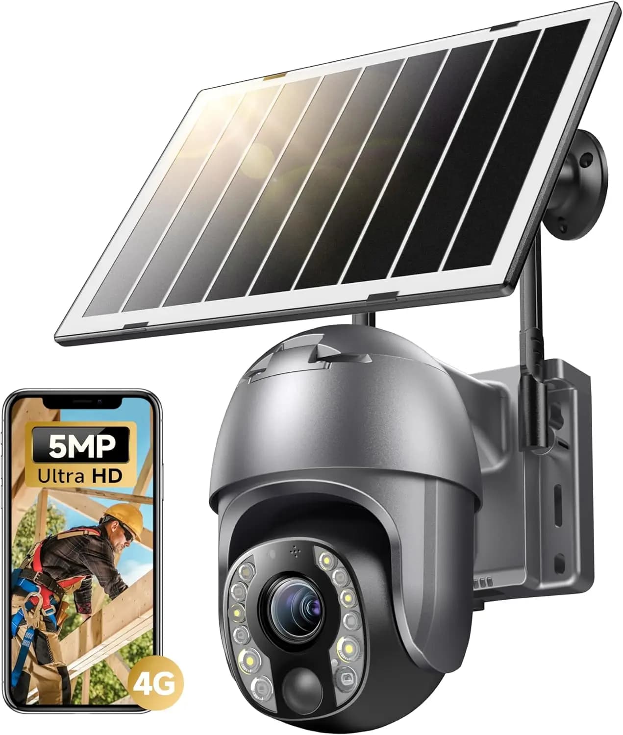 Telecamera di Sicurezza Cellulare 5MP per Esterni, 4G LTE Senza WiFi Alimentata a Energia Solare con Zoom Ottico 10X, Rilevamento Umano, Messa a Fuoco Automatica, Colore