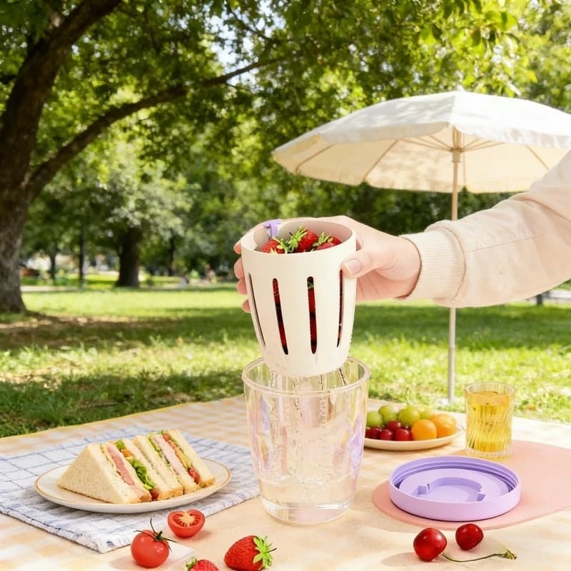 Portable Cylindrical Food Container with Fork Built in Drain Plastic Fruit Storage Cup Multi Purpose Lunch Box for Daily Snacks