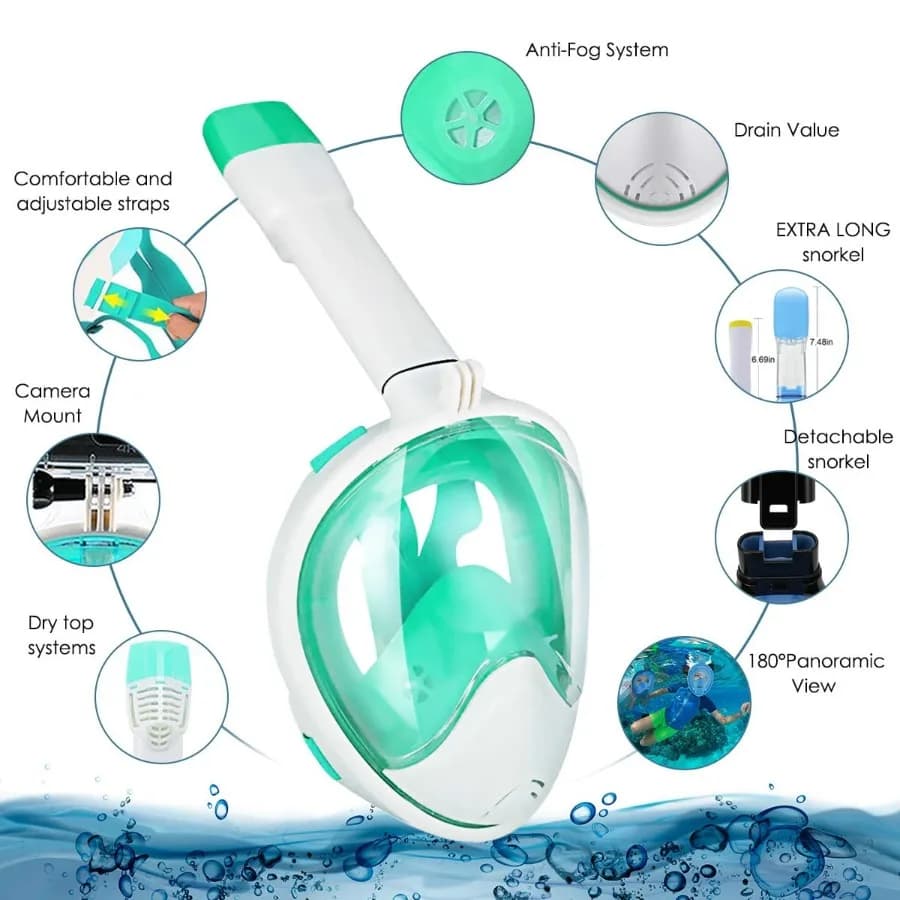 Snorkel Mask Full Face 180° Panoramic Sea View Anti-Fog Anti-Leak Snorkeling Mask with Action Camera Mount and Soft Adjustable