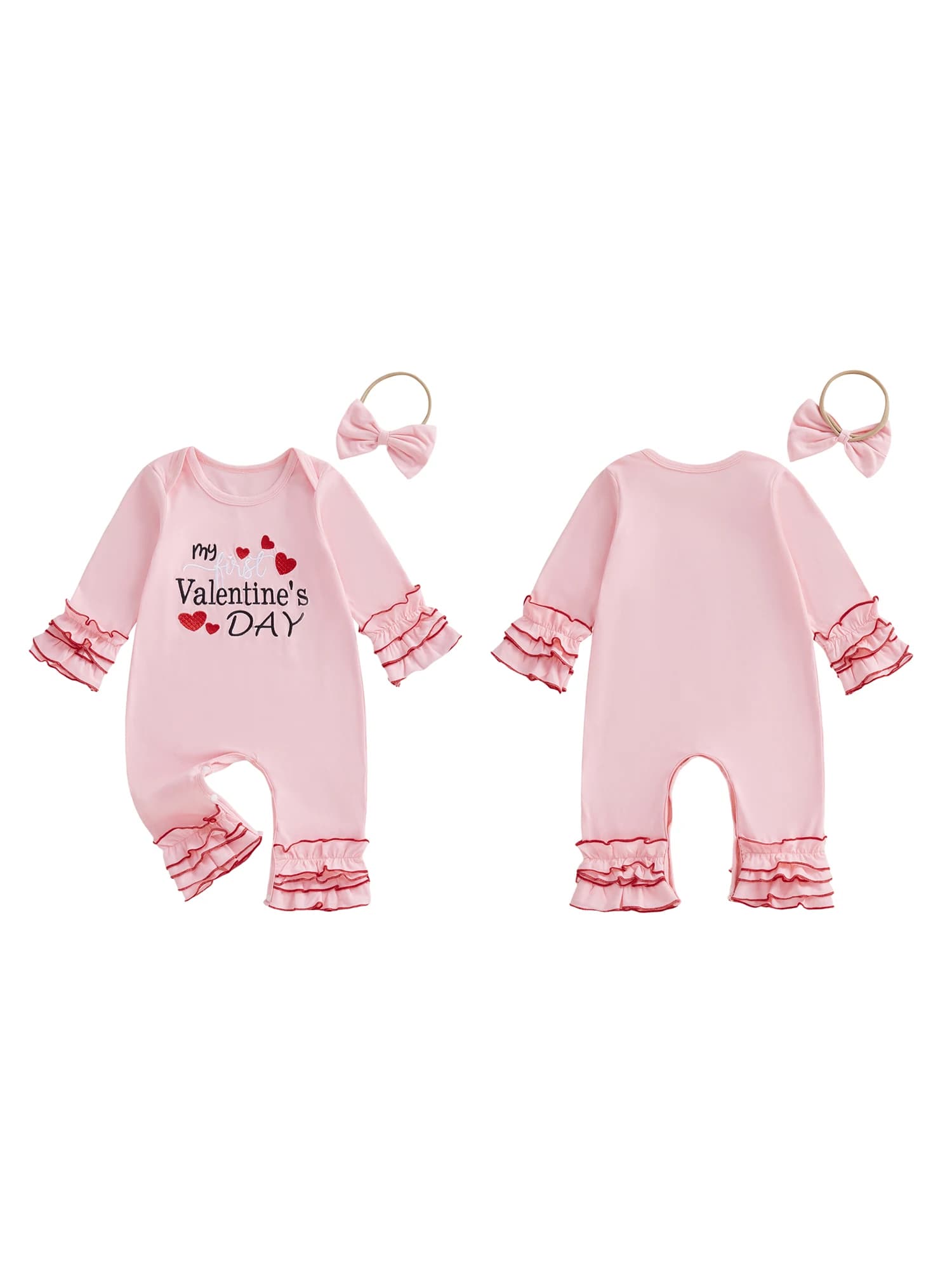 Valentine's Day Baby Pad with heart print, long sleeve, crew neck, volant, with matching band set for babies