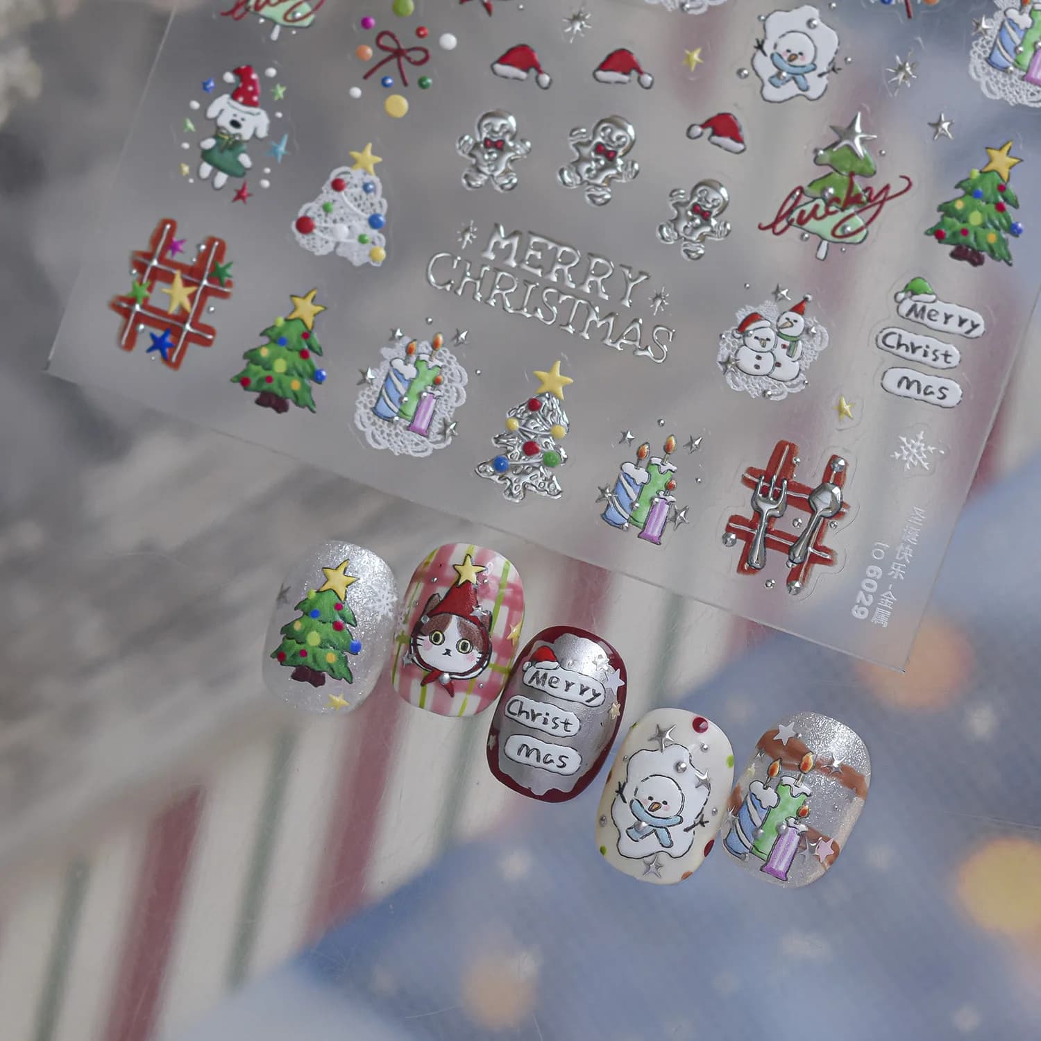 Cute Cartoon Christmas Nail Art Stickers 5D Embossed Santa Cat Puppy Snowman Xmas Tree Bow Decals Winter Holiday Manicure Decor