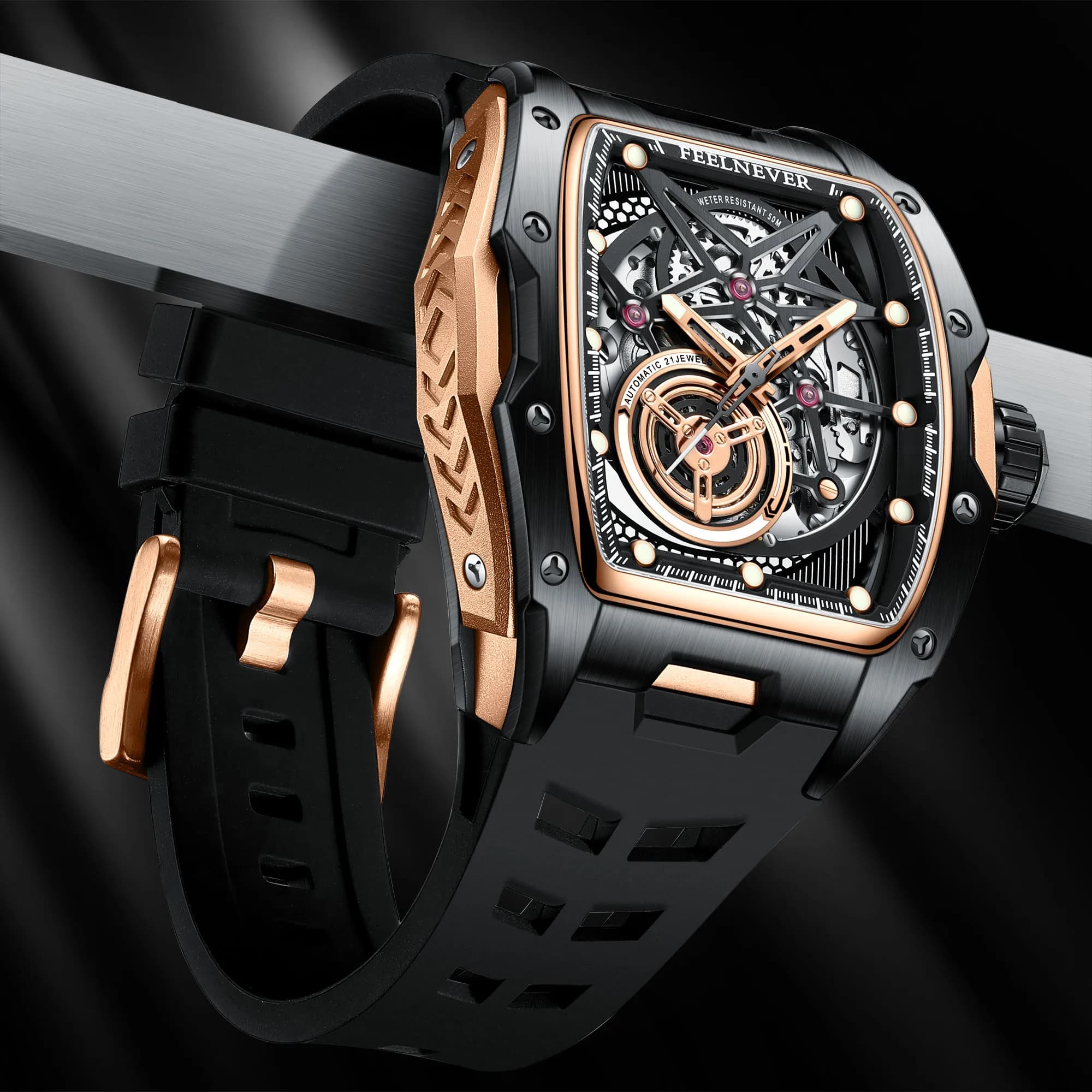 FeelNever Hollow Tourbillon Orologi da uomo Orologio automatico di lusso da uomo Orologio da polso meccanico Direction Orologio luminoso con zaffiro