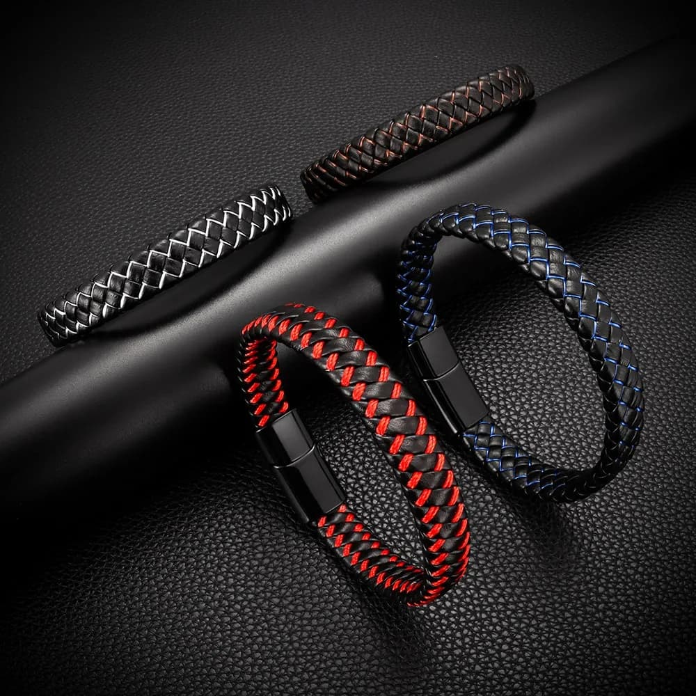 Bracciale da Uomo in Acciaio Inossidabile e Pelle, Semplice Chiusura in Acciaio Inossidabile, Bracciale in Pelle Intrecciata a Mano per Uomo