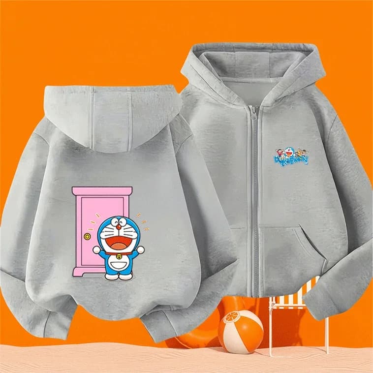 Giacca casual morbida con cappuccio per bambini, chiusura con cerniera Doraemon, per ragazzi e ragazze, autunno inverno