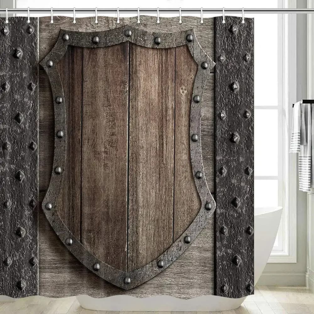 Tenda da doccia medievale, scudo in legno rustico su tenda da bagno con cancello del castello medievale, set da bagno per la casa vintage storico con porta in legno