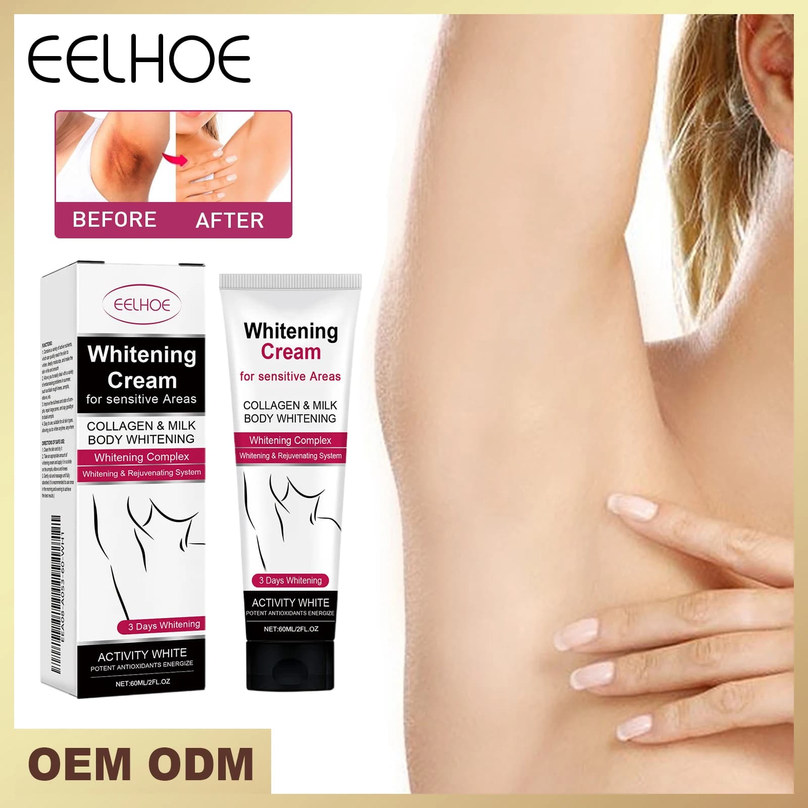 EELHOE Whitening cream for sensitive areas Brightening lotion for the body to collagen and milk for armpits, knees, elbows, inner thighs, concealer for dark spots, melanin reducer, moisturizing whitening gel, quick bleaching results in 3 days, safe skin care, 60 ml