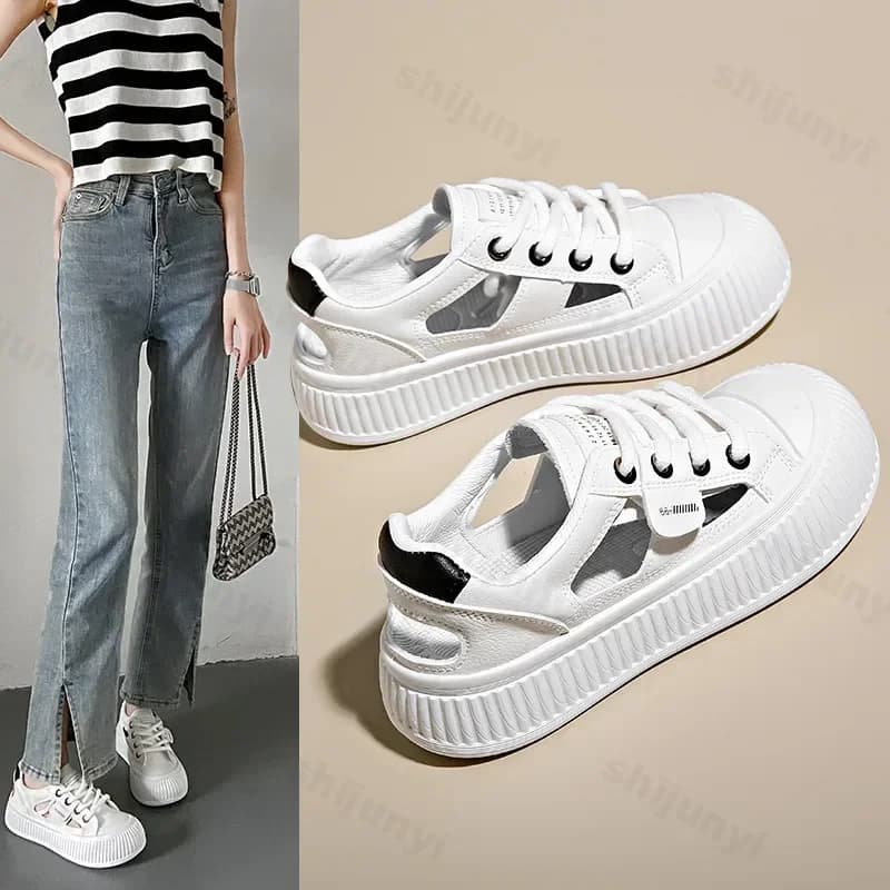 2025 Estate Nuovo Scava Fuori Fondo Piatto Scarpe Casual per Le Donne di Modo Comfort Suola Spessa Lace Up Scarpe Da Ginnastica Donne Zapatos De Mujer