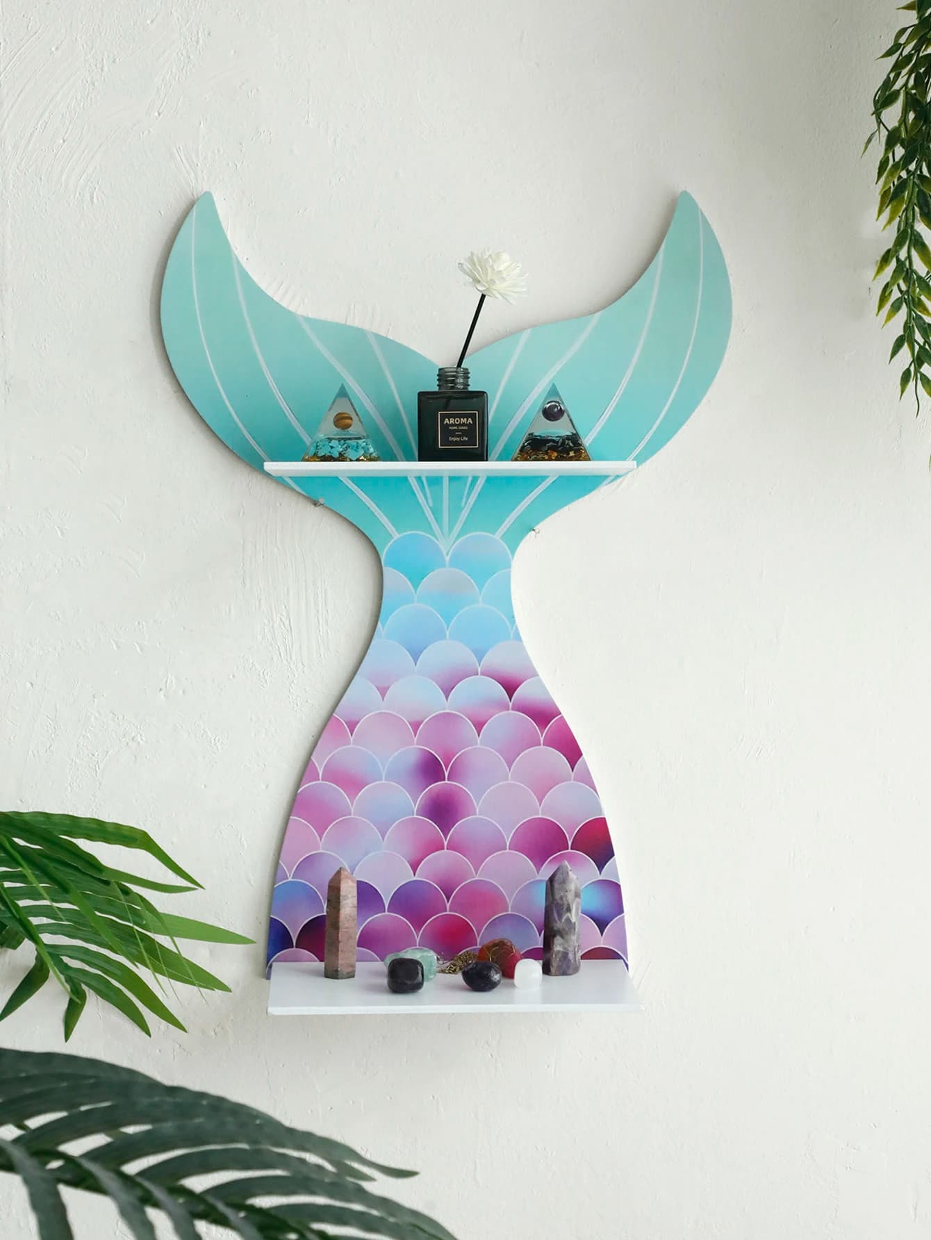 Coda di sirena Scaffale in cristallo di legno Display per oli essenziali Mensola a muro galleggiante Boho Supporto per aromaterapia a parete Decorazioni per la casa d'arte