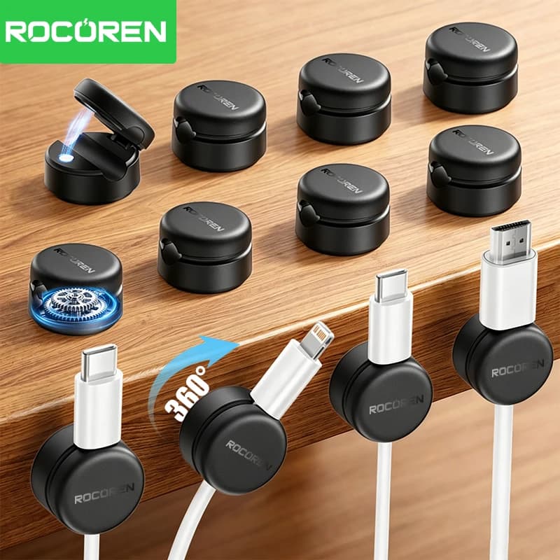 Rocoren Rotating Base Magnetic Cable Clamp Smooth Adjustable Rope Holder Located Under The Table Cable Management Organizer