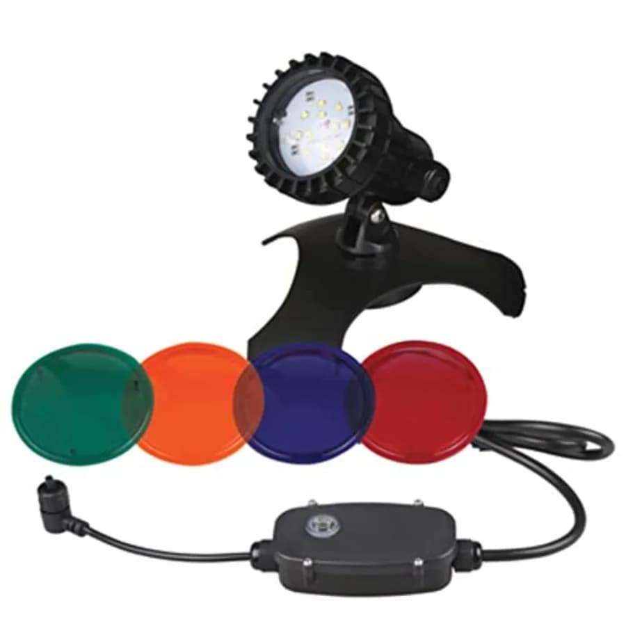 Pondmaster LED Pond Light with Transformer for outdoor water features, stainless steel housing, black color, waterproof and ene