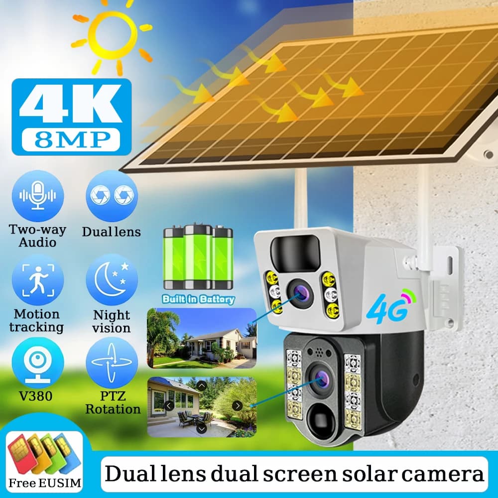 Telecamera Solare Wireless 4K 8MP con SIM 4G, Doppia Lente per Esterni, Visione Notturna PIR, V380 Pro, Monitor di Sicurezza CCTV