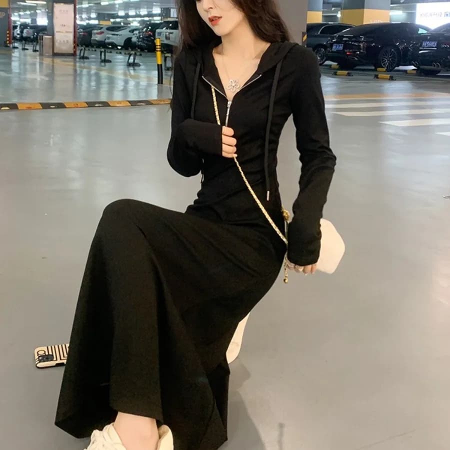 【Nuovo stile】 Abito lungo in stile Hepburn francese, abito con cappuccio, gonna interna da donna di taglia grande