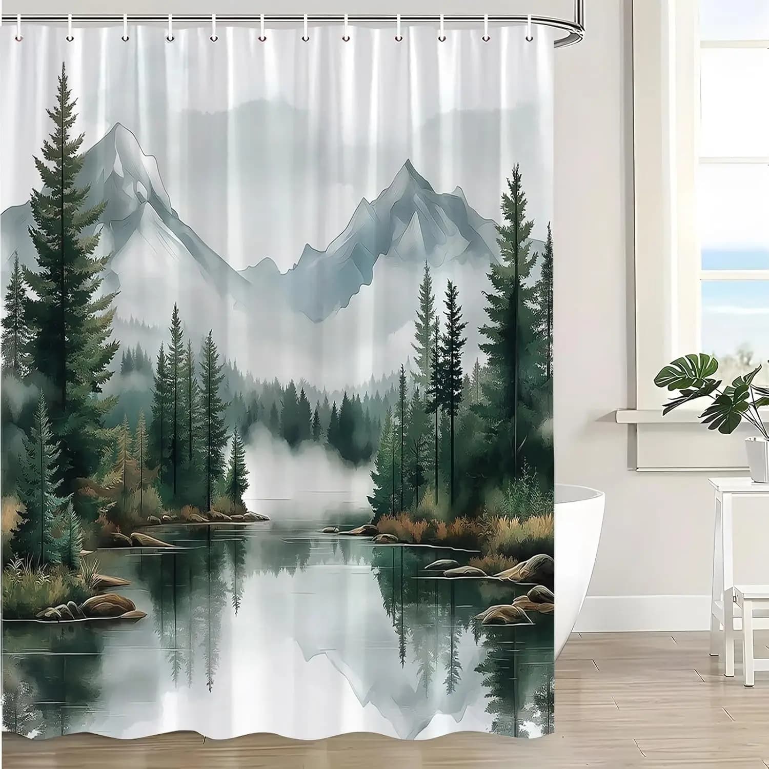 Tenda da doccia verde nebbioso foresta Montagna Foggy Pini Paesaggio Acquerello Pianta giungla Paesaggio naturale rustico Paesaggio lago Tessuto