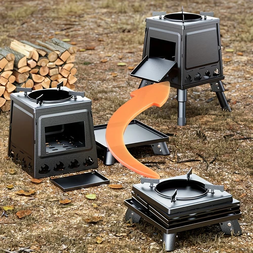 Foldable Portable Arms, Compact Camping Ring with Carbon Steel Wood Burner Resistant for Open Kitchen