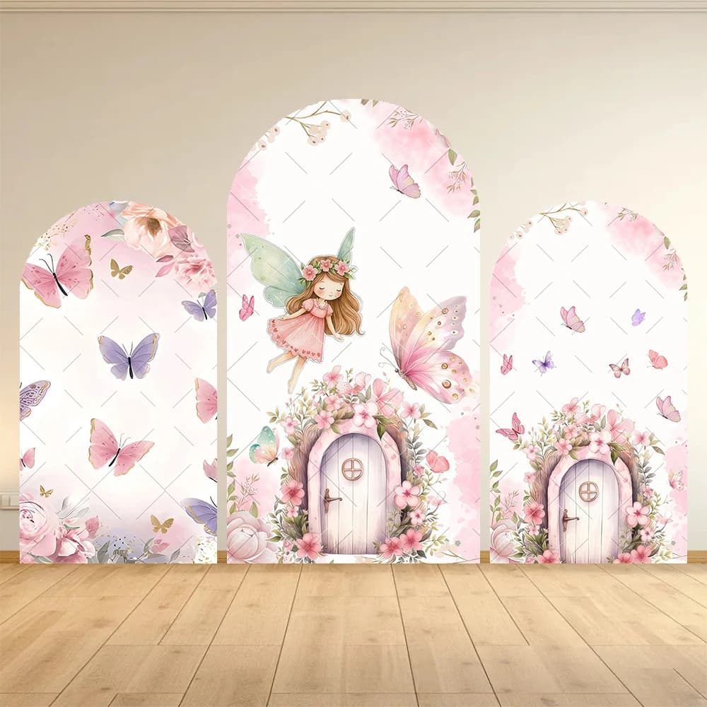 Copertura per Arco Decorativo Fairy Woodhouse, Sfondo Floreale Rosa con Farfalle per Compleanno Bambina e Baby Shower, Decorazione per Feste e Fotografia
