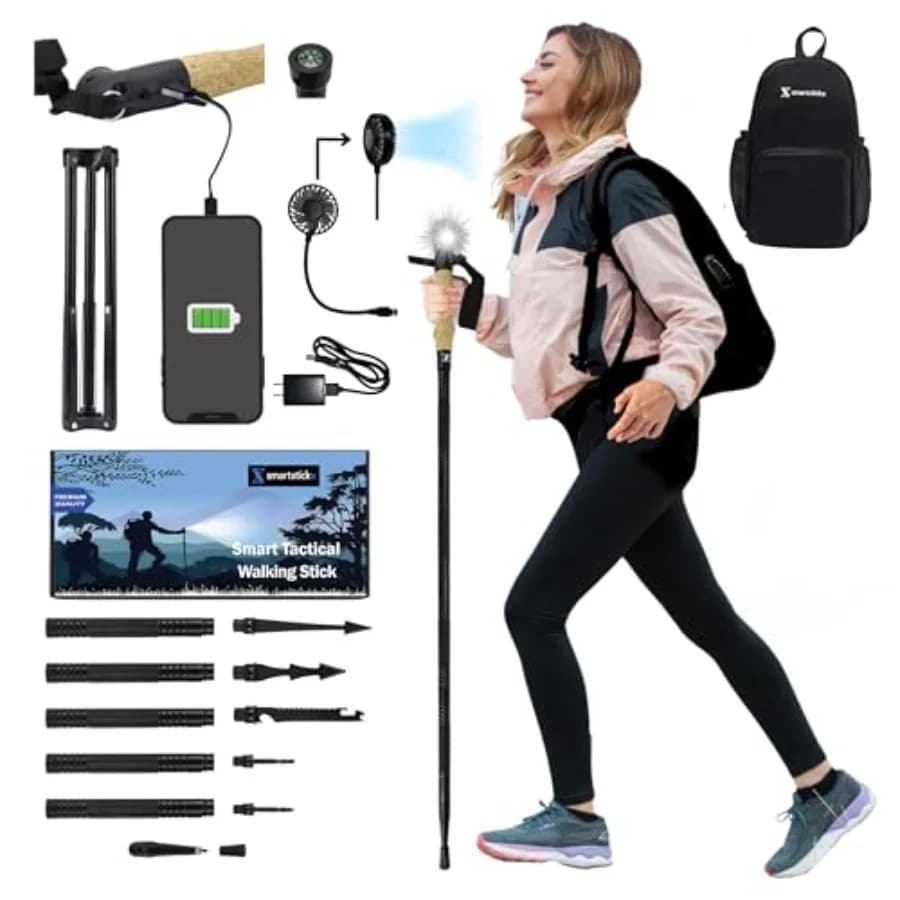 Bastone da Trekking Tattico Pieghevole con Luce LED, Ricarica USB, Impugnatura in Sughero e Strumenti di Sopravvivenza, in Alluminio Aeronautico