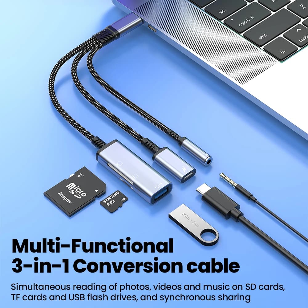 Cavo di ricarica da 10W con adattatore OTG per iPhone 15 16 17 Samsung, da USB-C a cavo adattatore audio da 3,5 mm per lettore di schede U-disk SD/TF