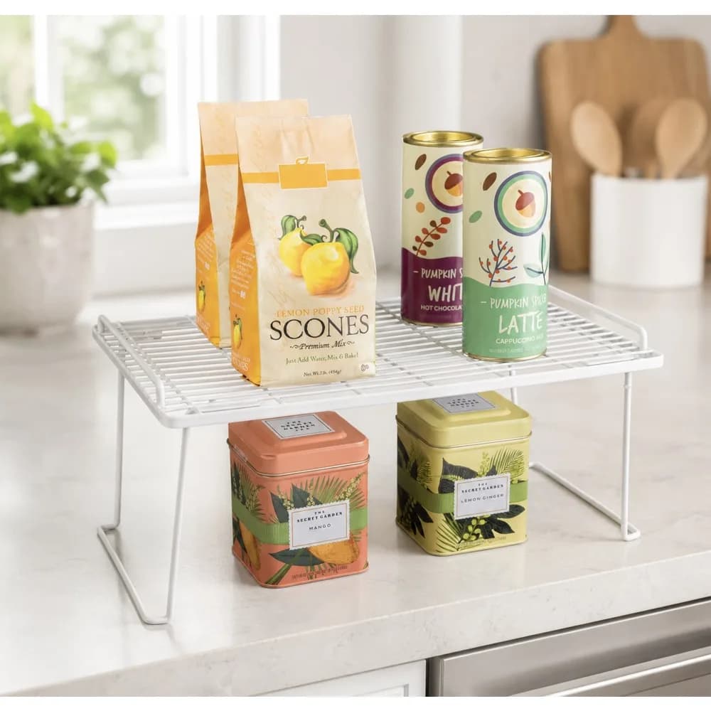 Folding White Wire Shelf Kitchen Pantry Organizer Adjustable Storage Rack for Cabinet Counter Closet