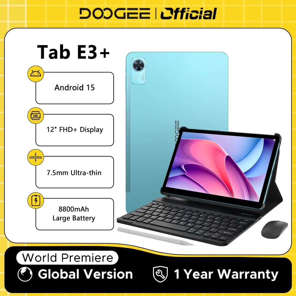 DOOGEE Tab E3+ Tablet PC Gemini AI 12" FHD+ Display 32GB(8+24) 256GB 8800mAh Large Battery Helio G100 Double Android Speakers 15