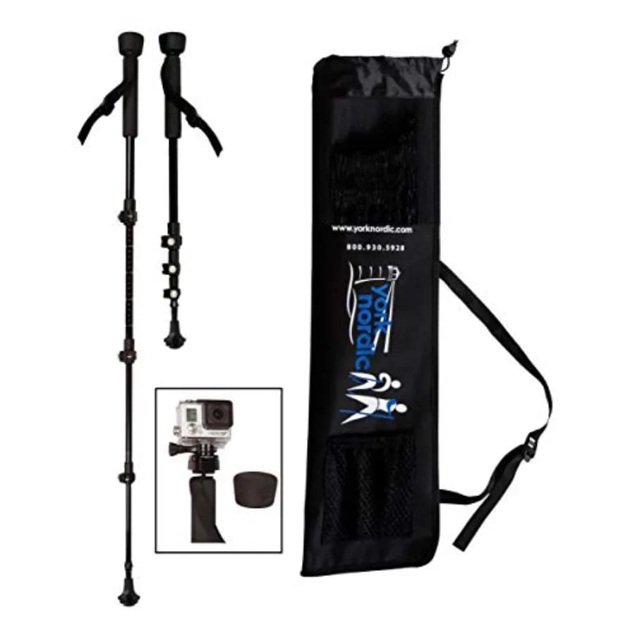 PRO Bastoncini da trekking/camminata pieghevoli in 4 pezzi - Coppia di bastoncini monopiede con 3 chiusure a scatto, piedini in gomma rimovibili e attacco per fotocamera GoPro M