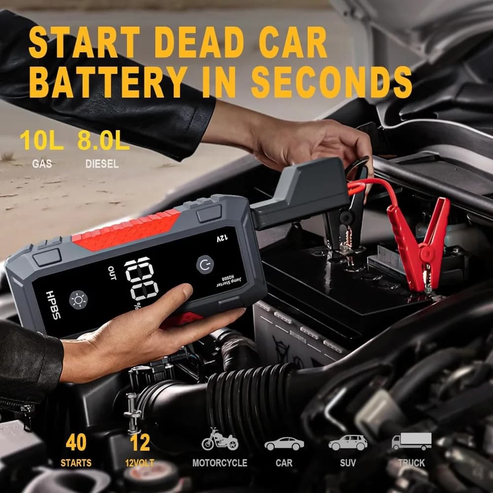 Batteria per avviamento di emergenza 5000A per motori a gas fino a 10,0 litri e diesel da 8,0 litri, batteria per auto portatile modello H2000 12V