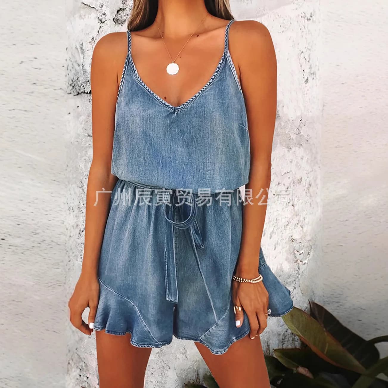 European American Summer New Fashion Women Light Blue Solid Wash Casual Trendy Loose Sleeveless Jumpsuits Female Shorts Clothes