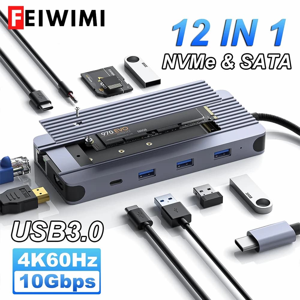 Docking station per custodia SSD M.2 12 in 1 USB C HUB TIPO C a HDMI Adattatore 4K60Hz 1000Mbps PD100W USB3.0 5Gbps per MacBook Pro
